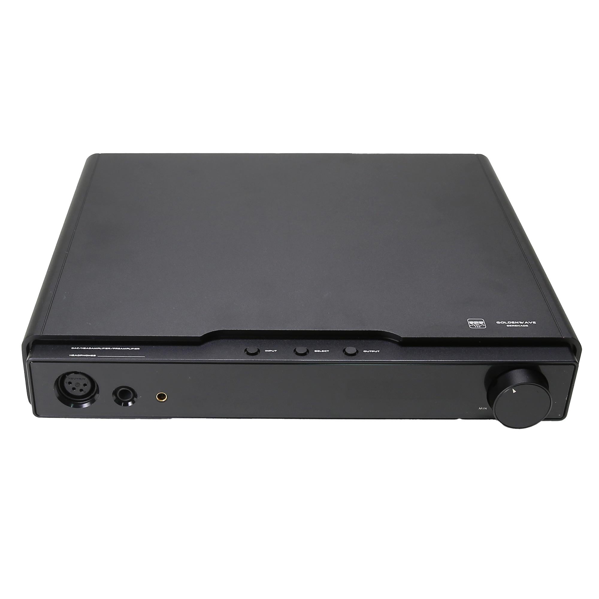 HIFIMAN GOLDENWAVE Serenade DAC and Headphone Amplifier with front panel headphone outputs and control knob on white background