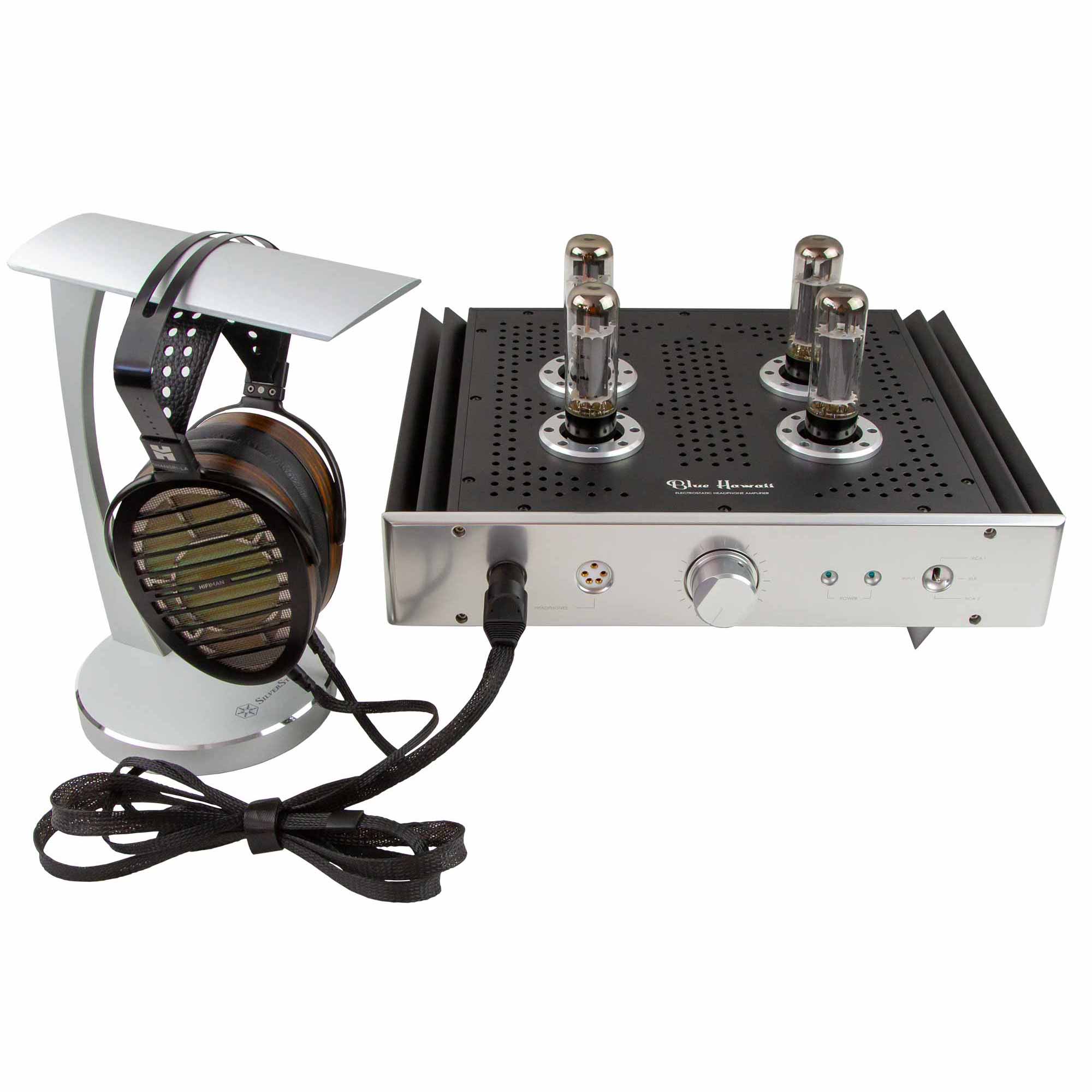 HIFIMAN Shangri-La electrostatic open back headphones on a silver headphone stand connected to an amplifier with tubes