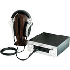 HIFIMAN Mini Shangri-La Electrostatic Headphone and Amplifier System with silver amp and headphones on wooden stand