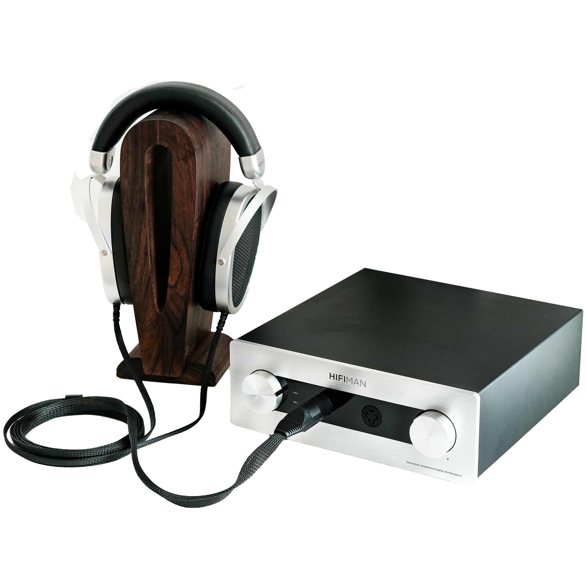HIFIMAN Mini Shangri-La Electrostatic Headphone and Amplifier System with silver amp and headphones on wooden stand