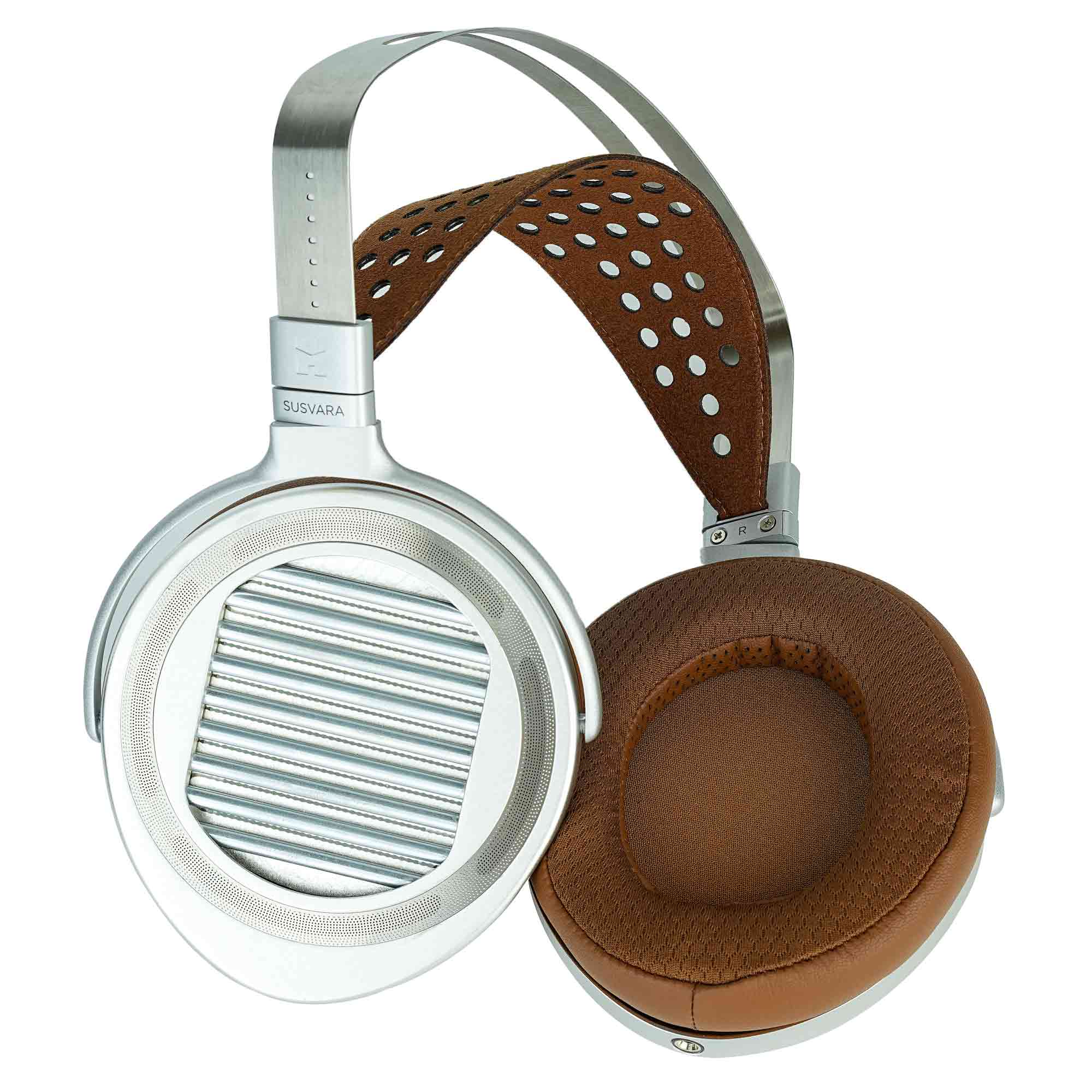 HIFIMAN Susvara Unveiled Open-Back Planar Magnetic Headphones with silver frame and brown cushioned ear pads on white background