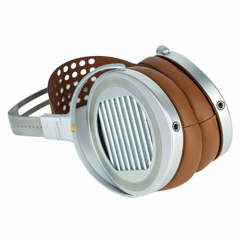 HIFIMAN Susvara Unveiled Open-Back Planar Magnetic Headphones with silver frame and brown padded ear cups on white background