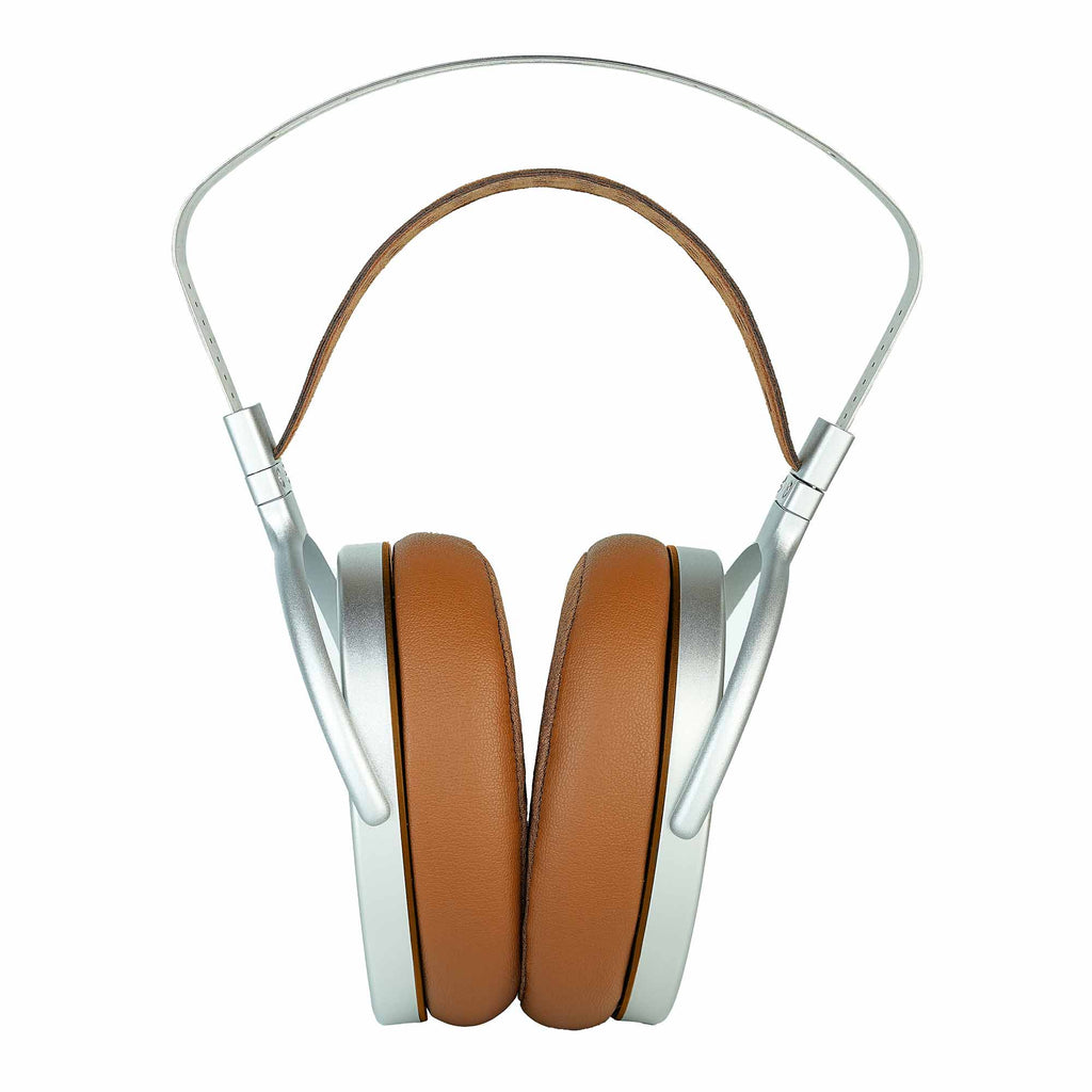 HIFIMAN Susvara Unveiled Open-Back Planar Magnetic Headphones with silver frame and brown padded ear cups isolated on white background