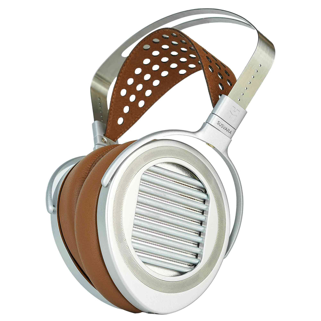 HIFIMAN Susvara Unveiled Open-Back Planar Magnetic Headphones with perforated brown headband and silver ear cups on white background