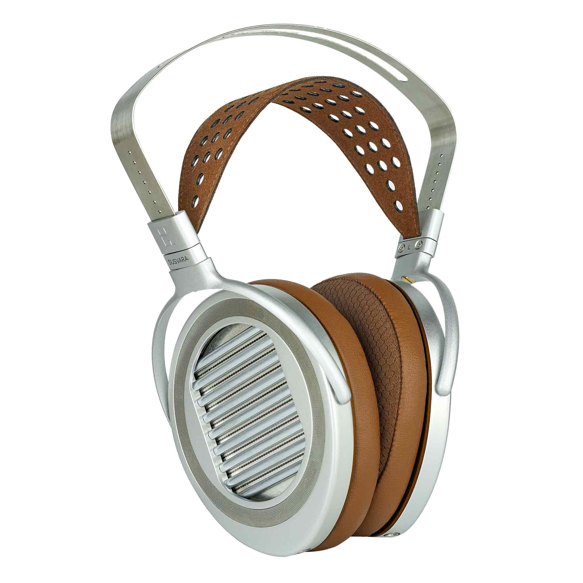 HIFIMAN Susvara Unveiled Open-Back Planar Magnetic Headphones with silver metal frame and brown ear cushions on white background