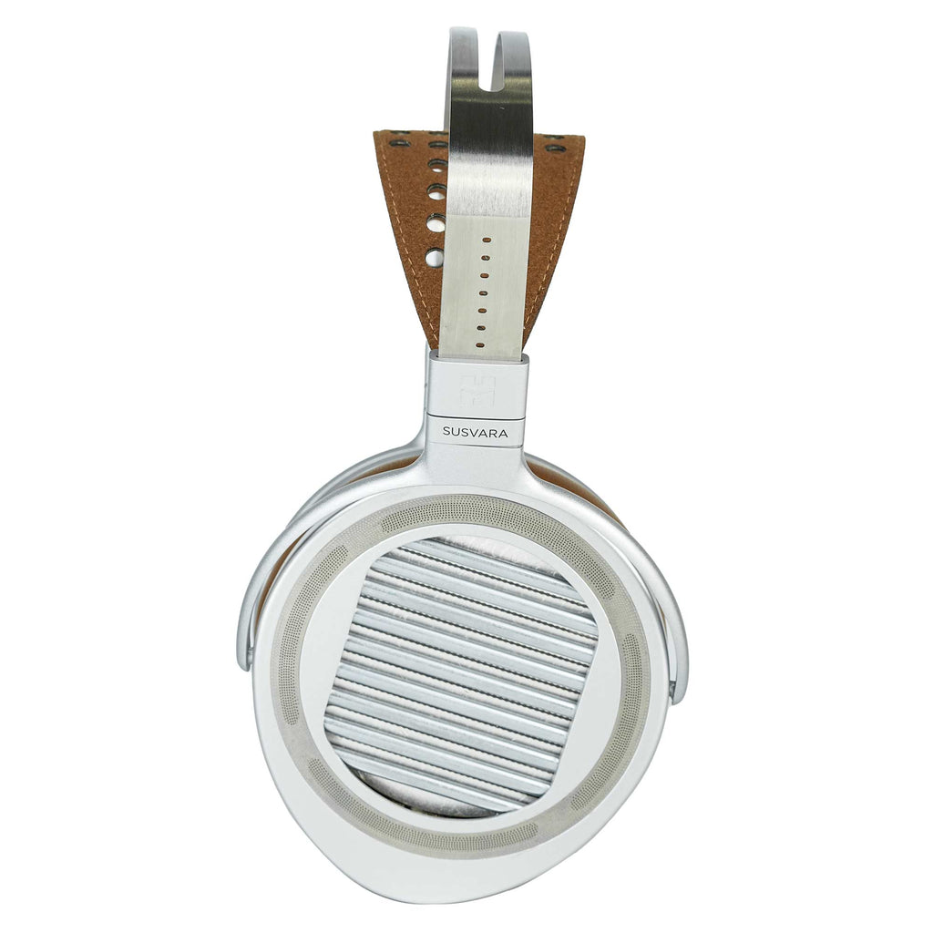 Single side view of HIFIMAN Susvara Unveiled Open-Back Planar Magnetic Headphones with metal and leather design on white background
