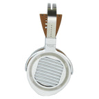 Single side view of HIFIMAN Susvara Unveiled Open-Back Planar Magnetic Headphones with metal and leather design on white background
