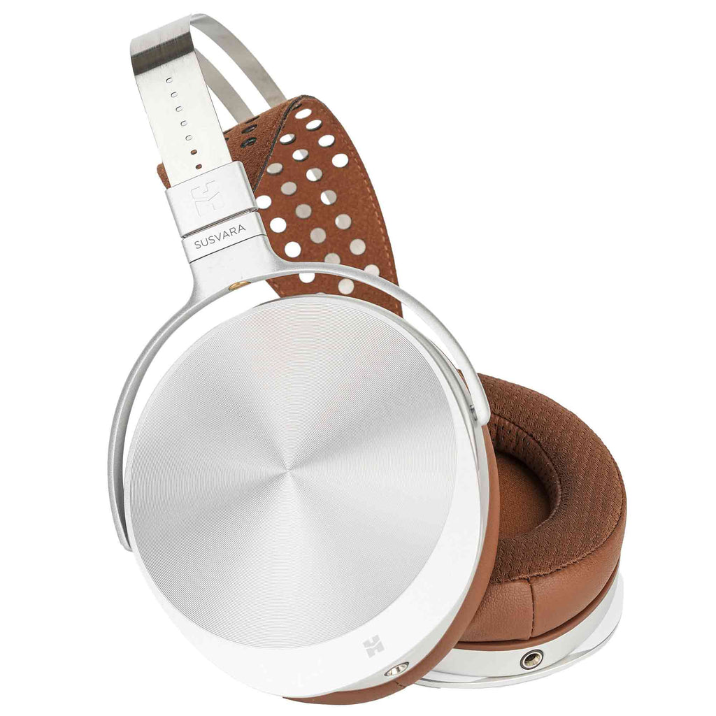 HIFIMAN Susvara Unveiled Open-Back Planar Magnetic Headphones with silver ear cups and brown cushioned headband on white background