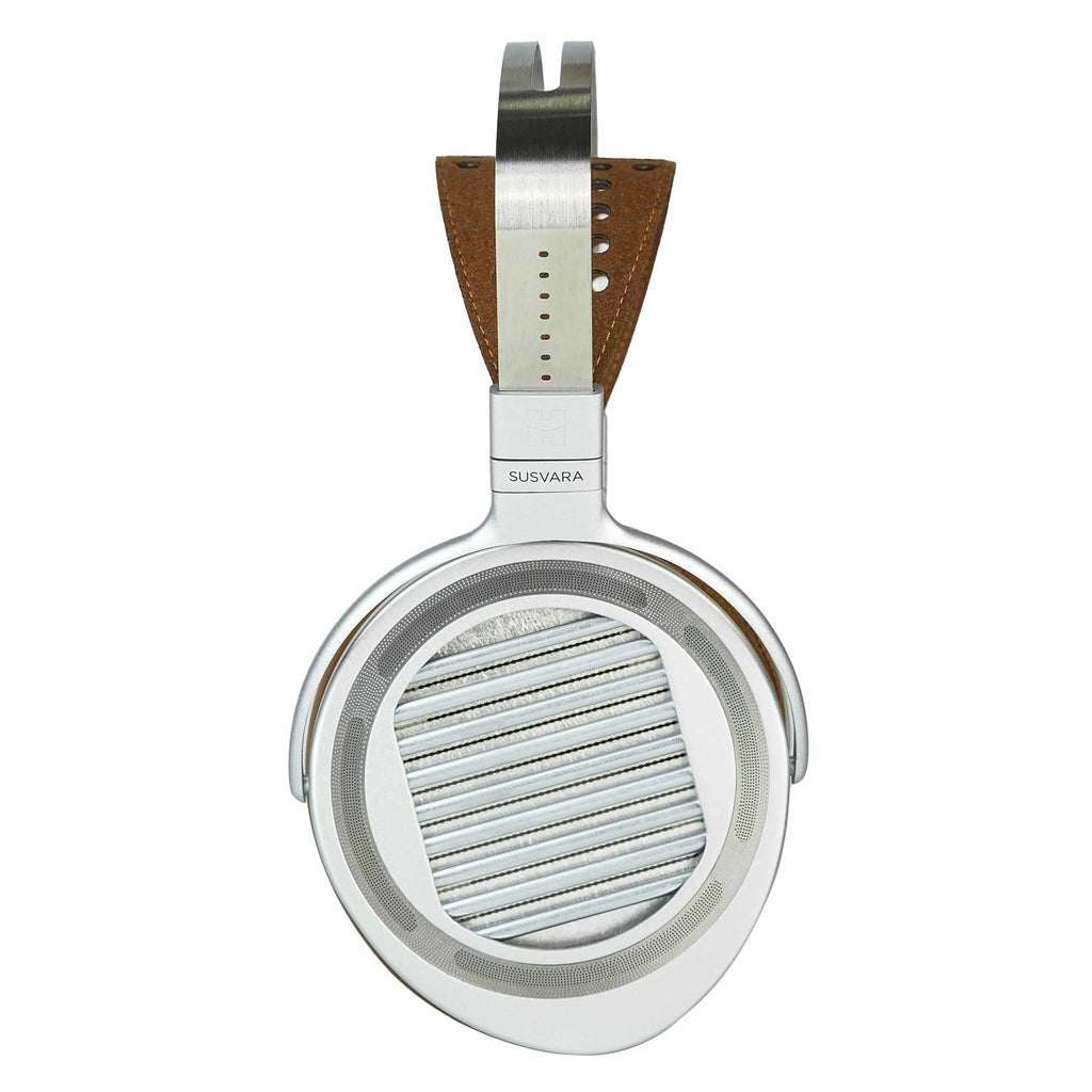 Side view close-up of HIFIMAN Susvara Unveiled Open-Back Planar Magnetic Headphones showing metal headband and ear cup detail