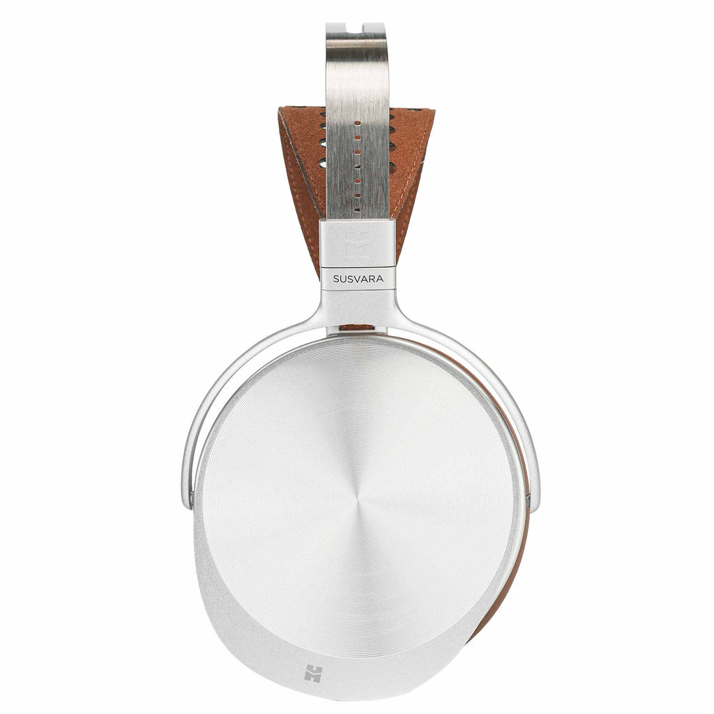 Single side view of HIFIMAN Susvara Unveiled Open-Back Planar Magnetic Headphones with silver ear cup and brown headband