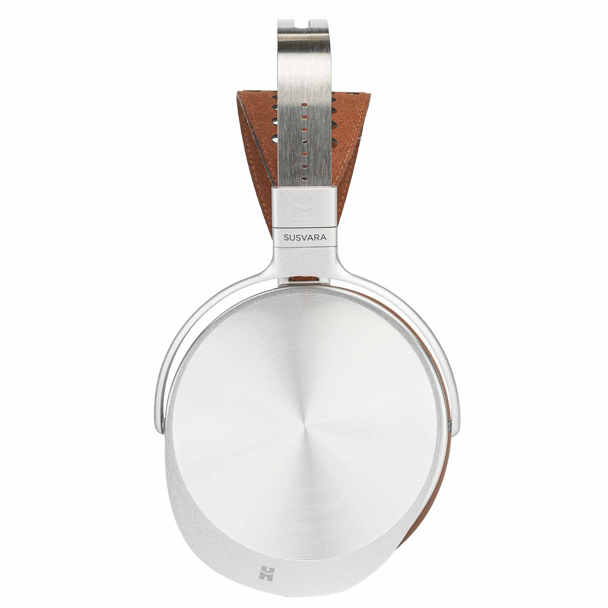 Single side view of HIFIMAN Susvara Unveiled Open-Back Planar Magnetic Headphones with silver ear cup and brown headband