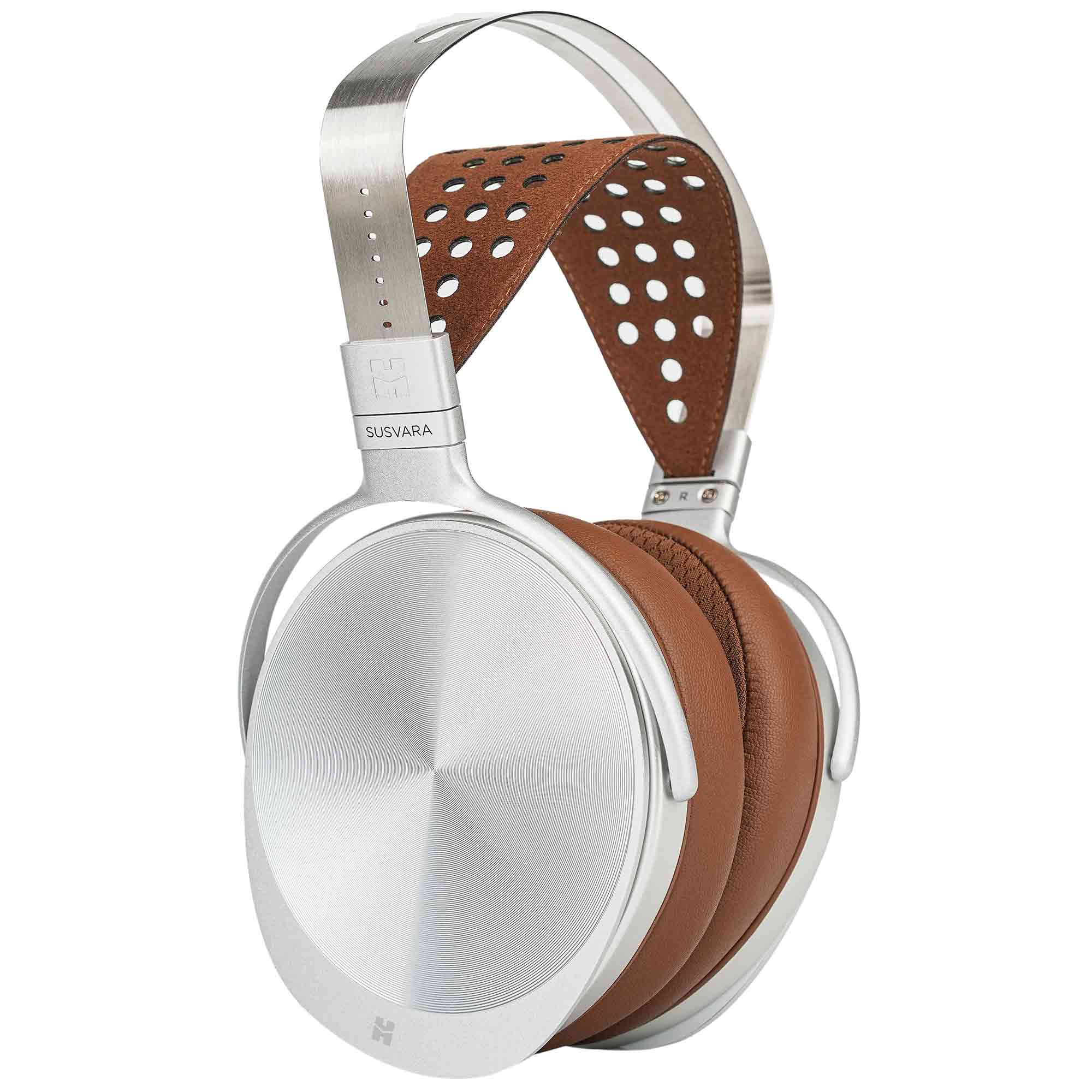 HIFIMAN Susvara Unveiled Open-Back Planar Magnetic Headphones with silver ear cups and brown perforated headband on white background