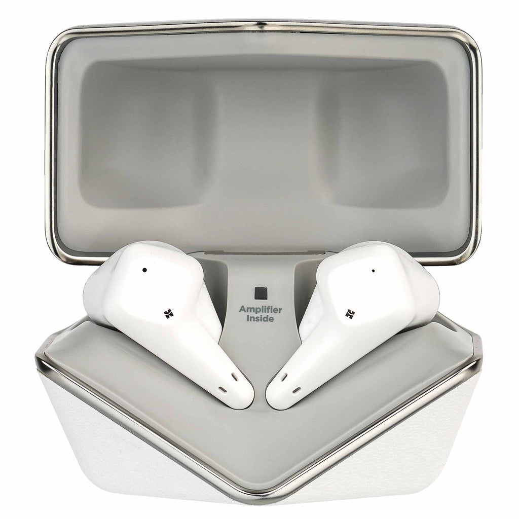 HIFIMAN Svanar Wireless Jr. In-Ear Monitor earbuds resting in white charging case with amplifier inside label visible