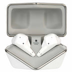HIFIMAN Svanar Wireless Jr. In-Ear Monitor earbuds resting in white charging case with amplifier inside label visible