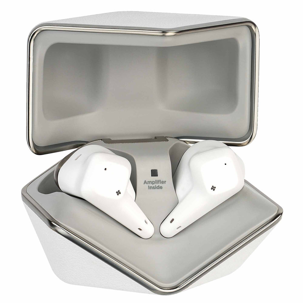 HIFIMAN Svanar Wireless Jr. In-Ear Monitor earbuds in open charging case with amplifier inside label visible