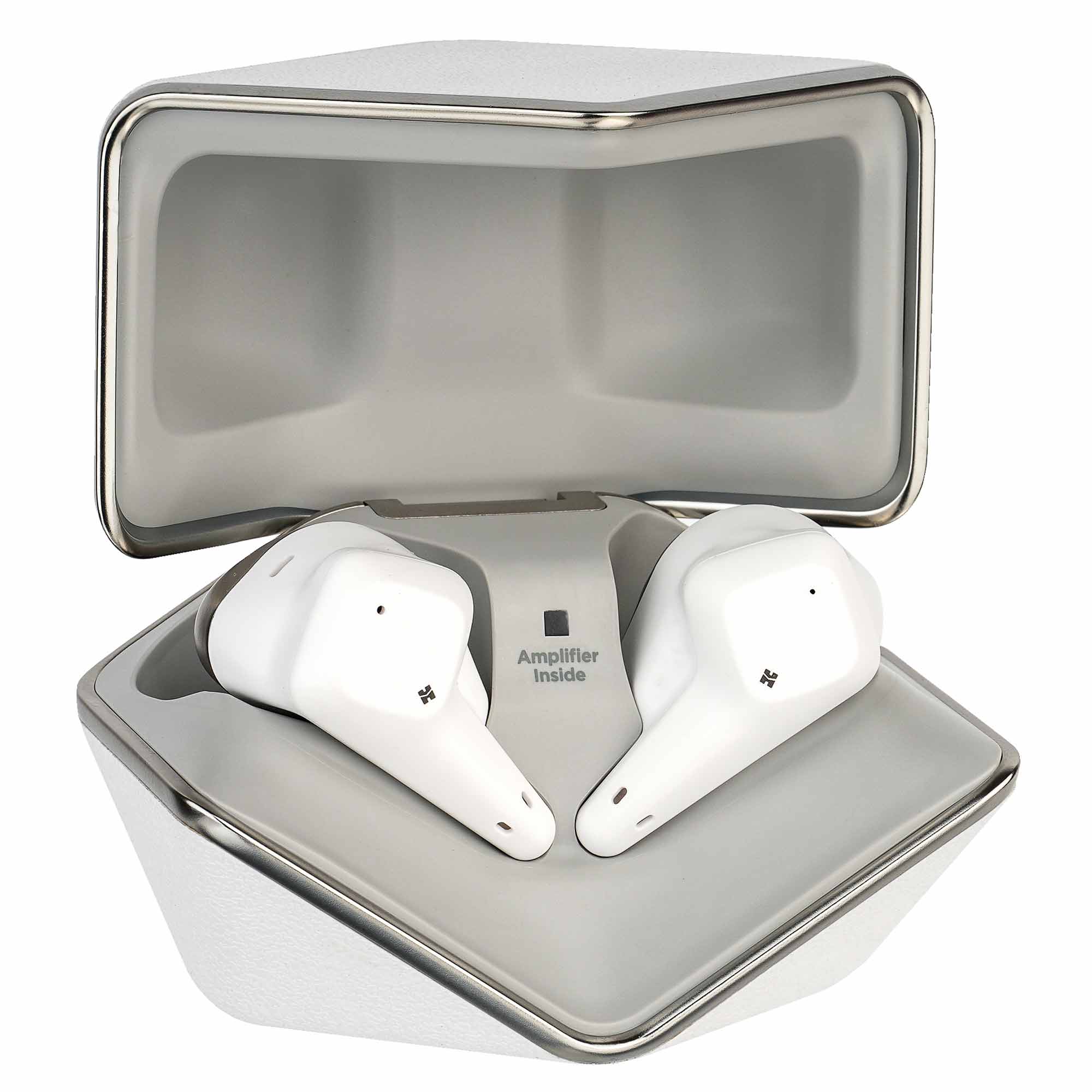 HIFIMAN Svanar Wireless Jr. In-Ear Monitor earbuds in open charging case with amplifier inside label visible