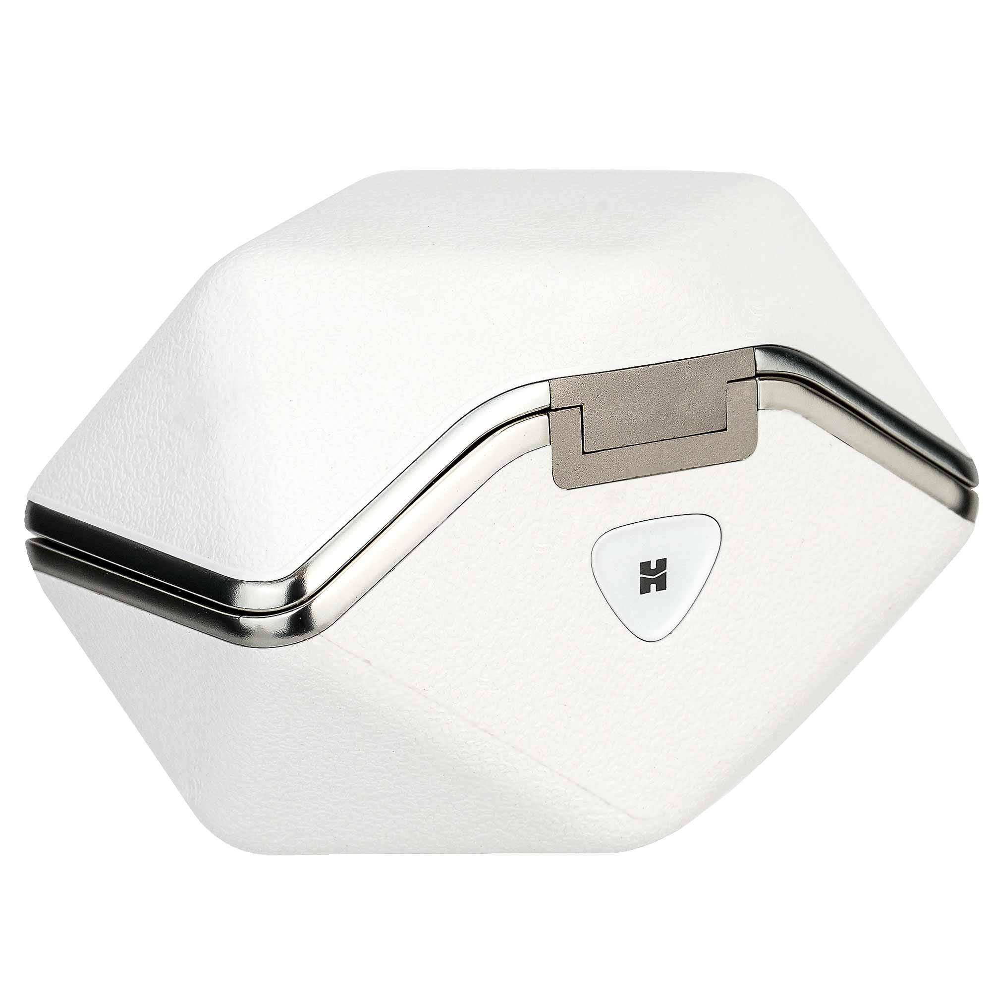 White leather and metal charging case for HIFIMAN Svanar Wireless Jr. In-Ear Monitor on white background