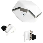 HIFIMAN Svanar Wireless Jr. In-Ear Monitor earbuds in white with black tips and white hexagonal charging case on white background