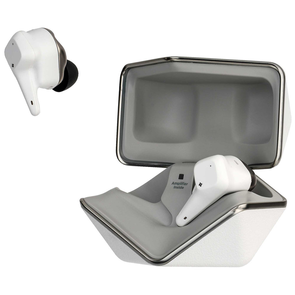 HIFIMAN Svanar Wireless Jr. In-Ear Monitor white earbuds with charging case featuring amplifier inside on white background