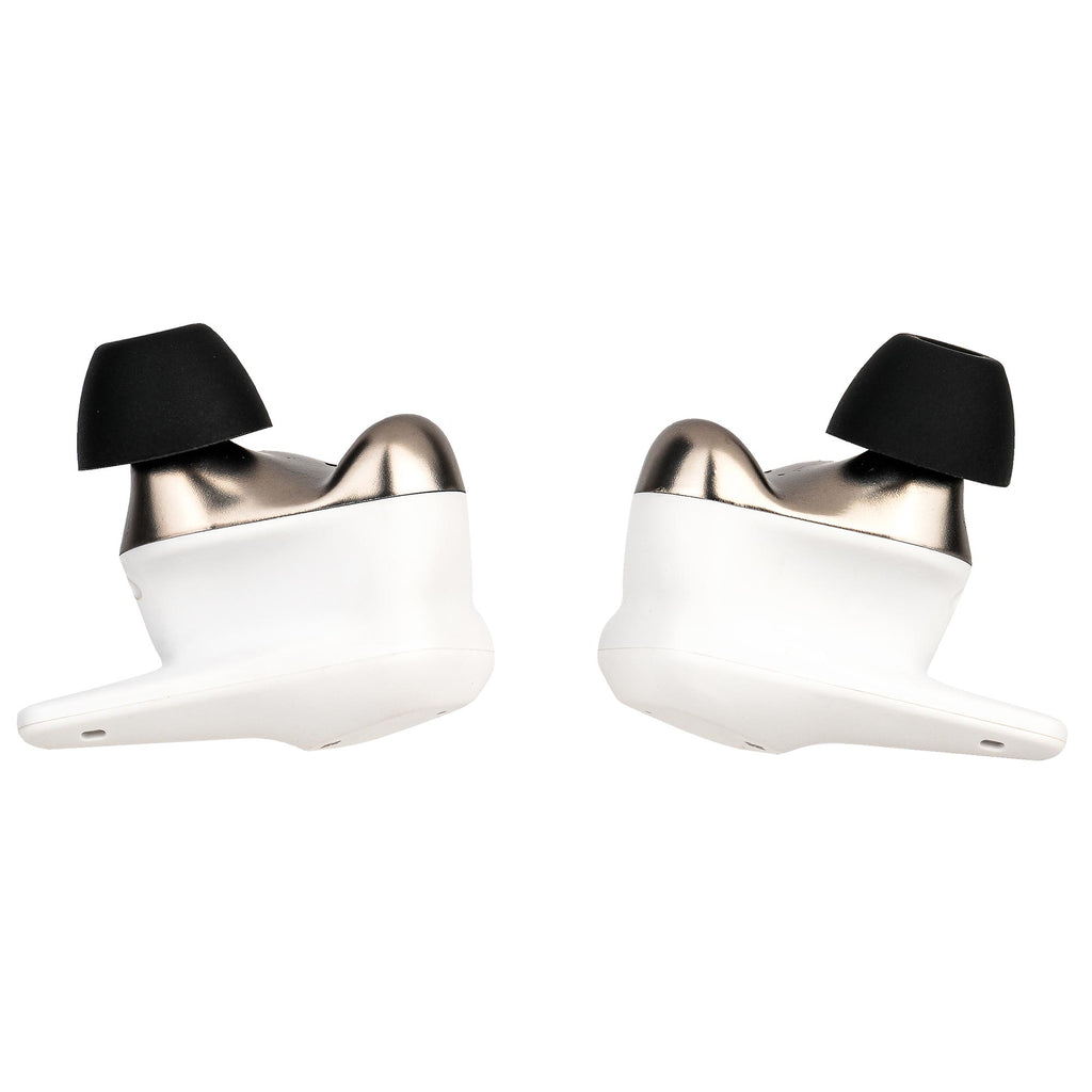 Pair of HIFIMAN Svanar Wireless Jr. In-Ear Monitor earbuds in white and silver with black ear tips on white background