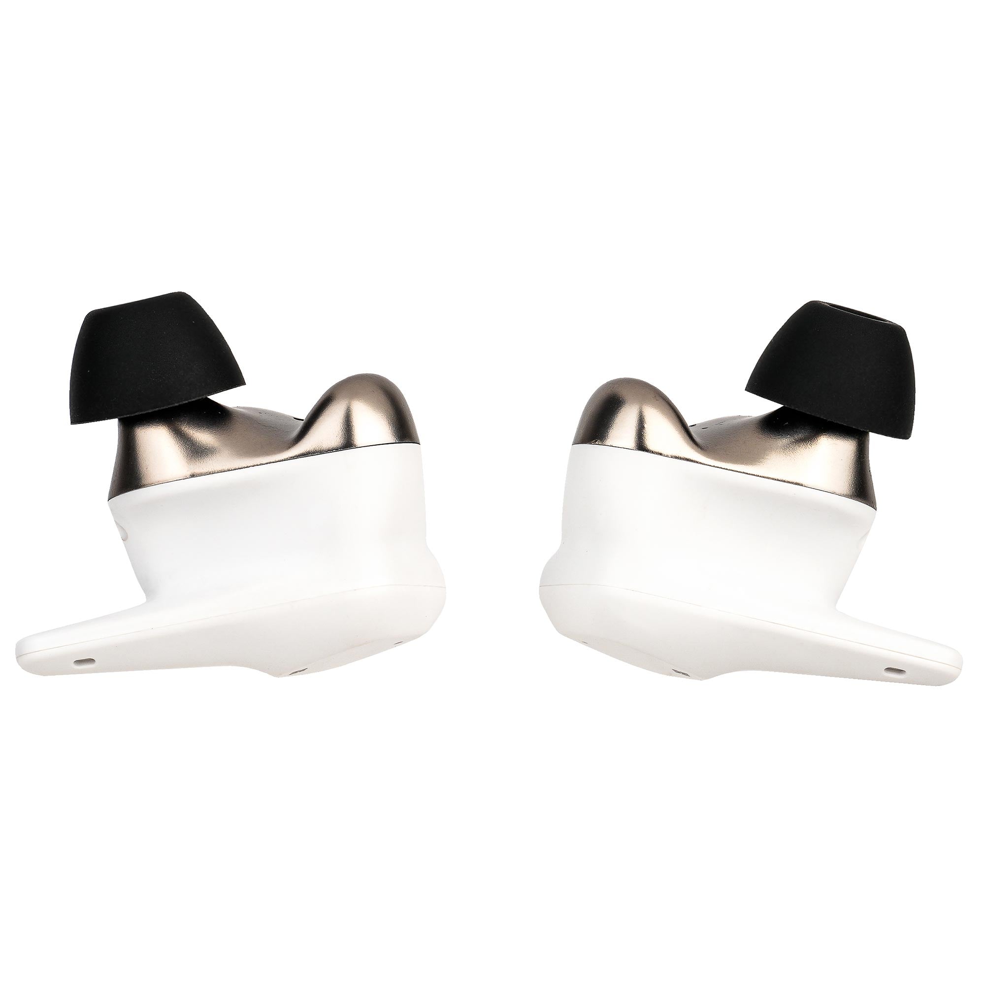 Pair of HIFIMAN Svanar Wireless Jr. In-Ear Monitor earbuds in white and silver with black ear tips on white background
