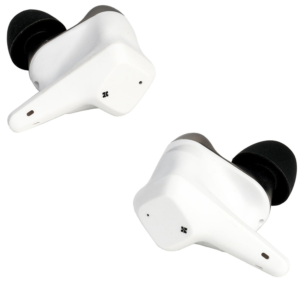 Pair of white HIFIMAN Svanar Wireless Jr. In-Ear Monitor earbuds with black tips isolated on white background