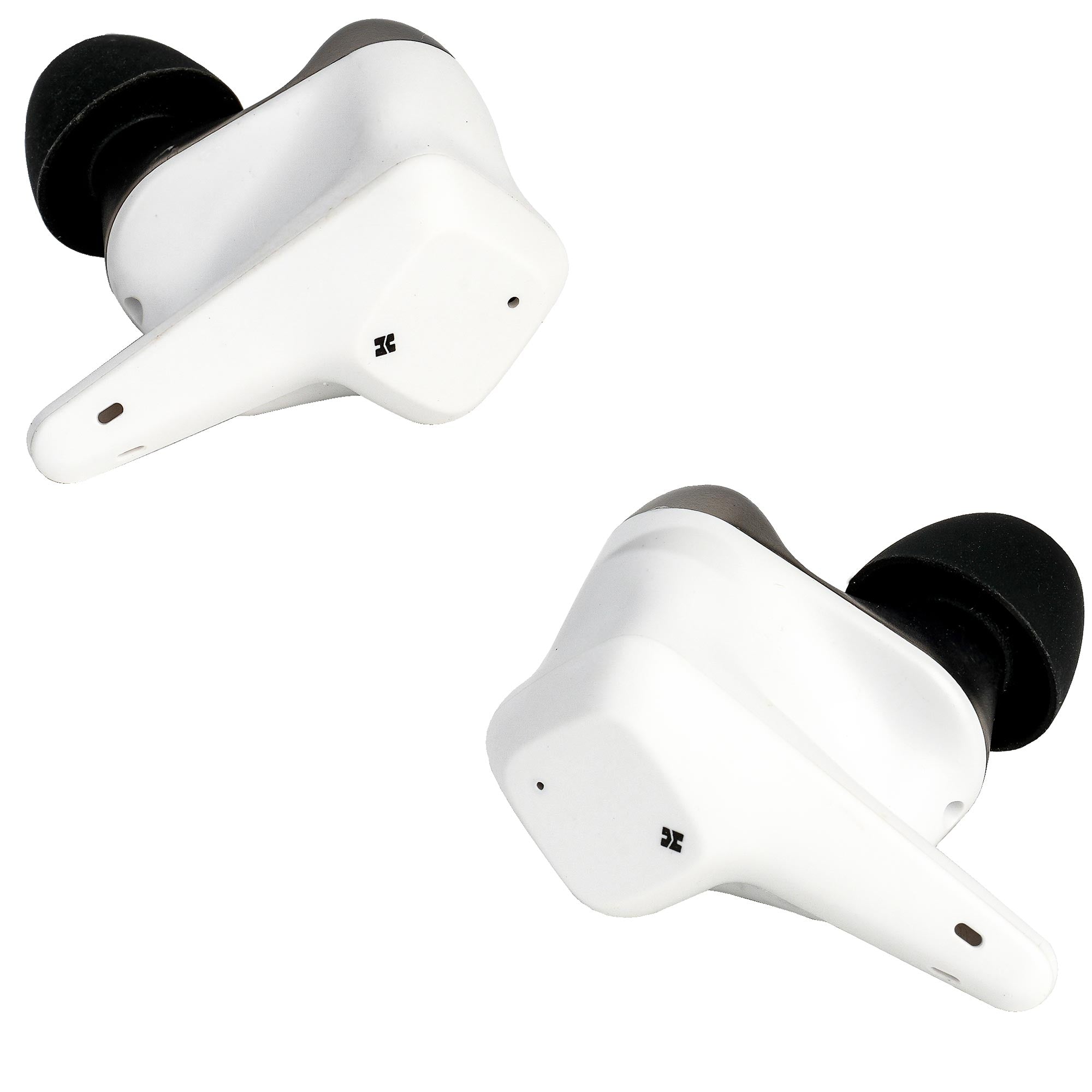 Pair of white HIFIMAN Svanar Wireless Jr. In-Ear Monitor earbuds with black tips isolated on white background