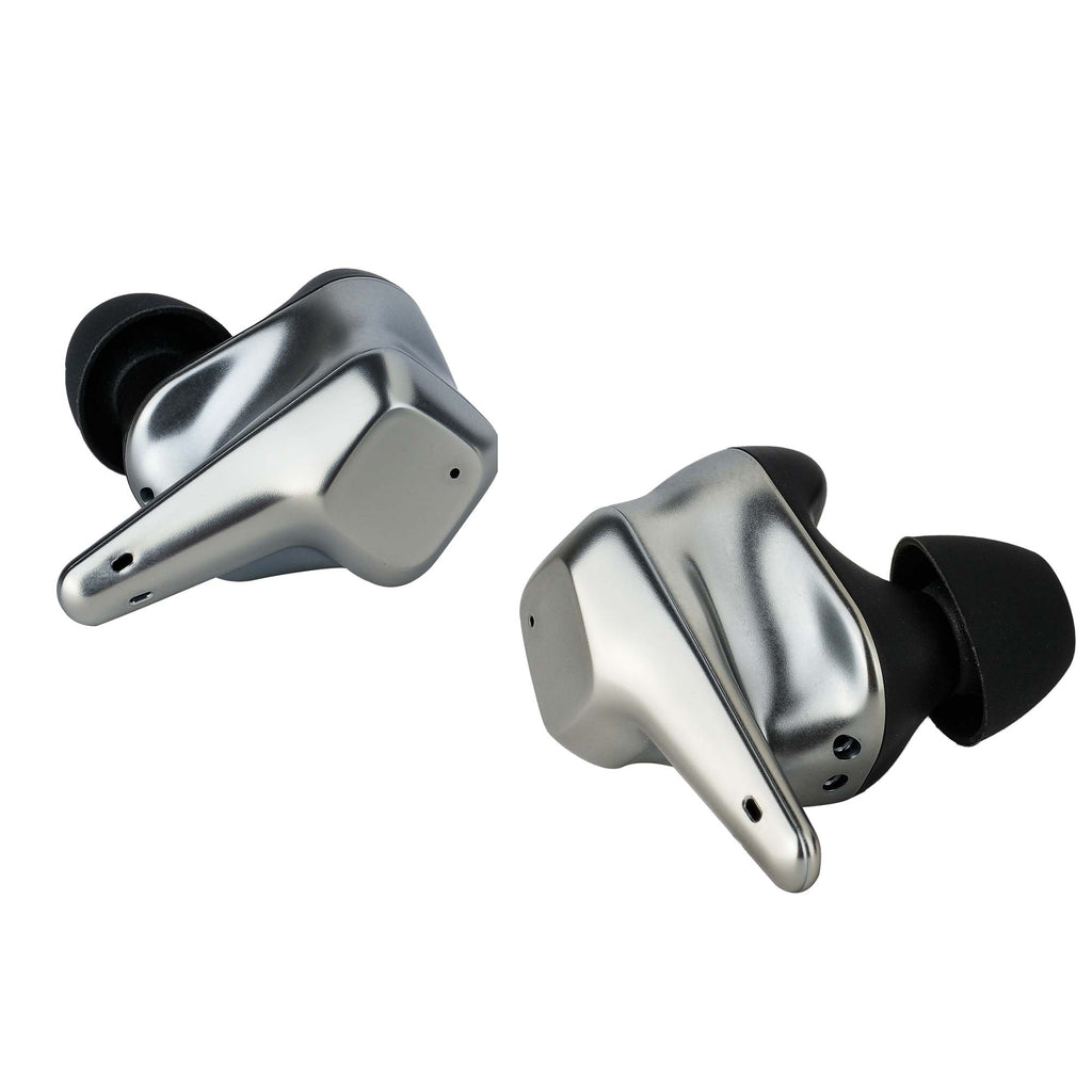 HIFIMAN Svanar Wireless LE In-Ear Monitor earbuds with metallic silver finish and black silicone tips on white background