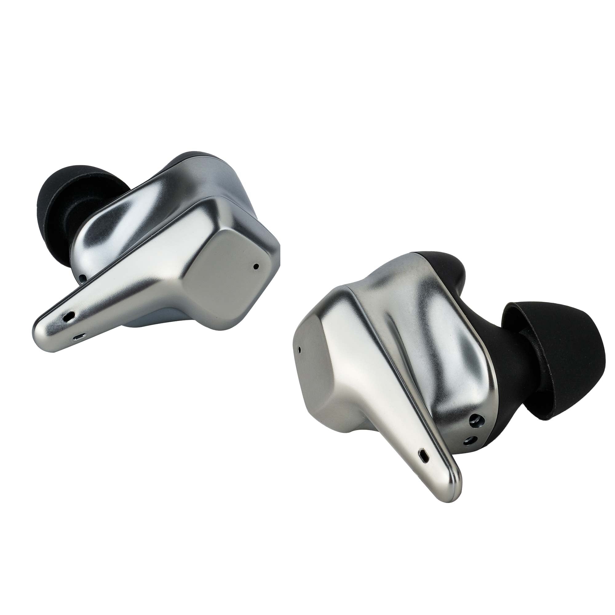HIFIMAN Svanar Wireless LE In-Ear Monitor earbuds with metallic silver finish and black silicone tips on white background