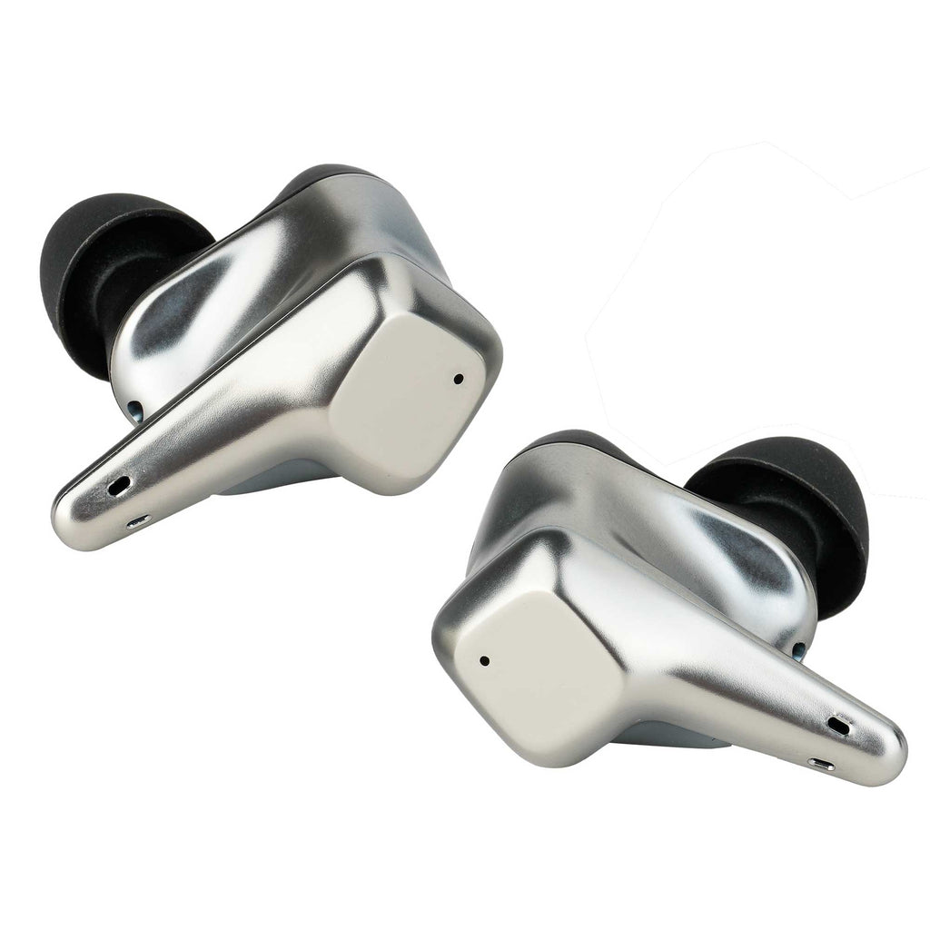 Pair of silver HIFIMAN Svanar Wireless LE In-Ear Monitor earbuds with black silicone tips on white background