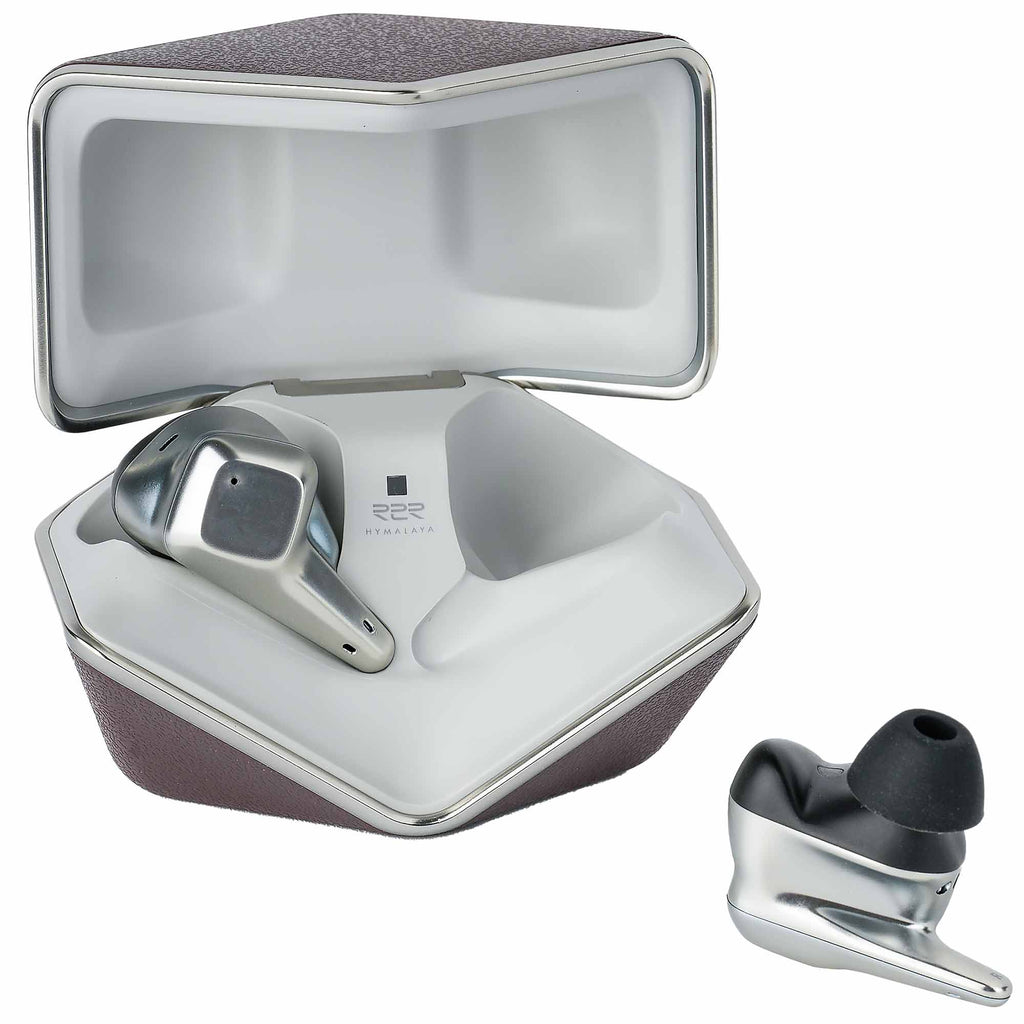 HIFIMAN Svanar Wireless LE In-Ear Monitor with silver earbuds and open brown charging case on white background