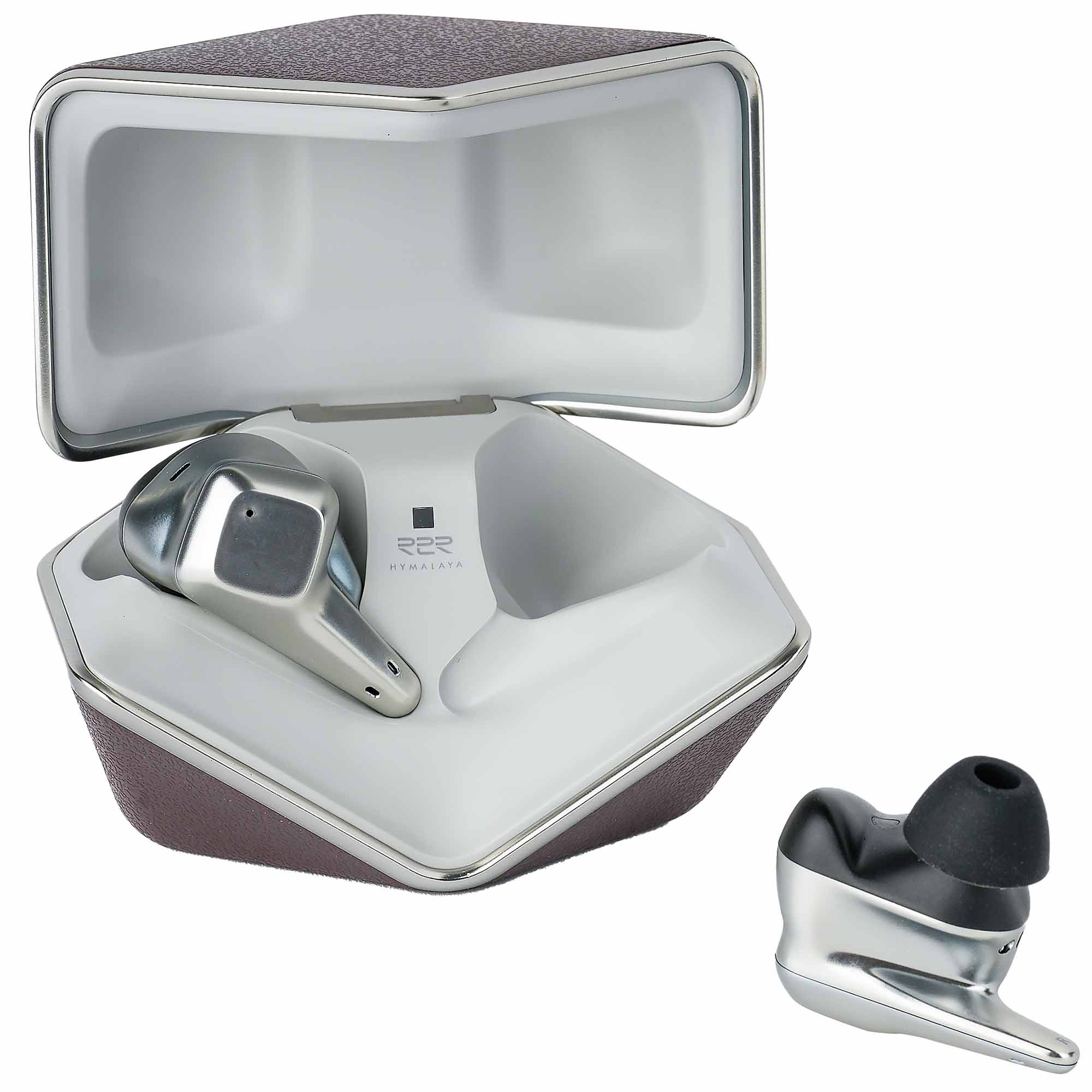 HIFIMAN Svanar Wireless LE In-Ear Monitor with silver earbuds and open brown charging case on white background