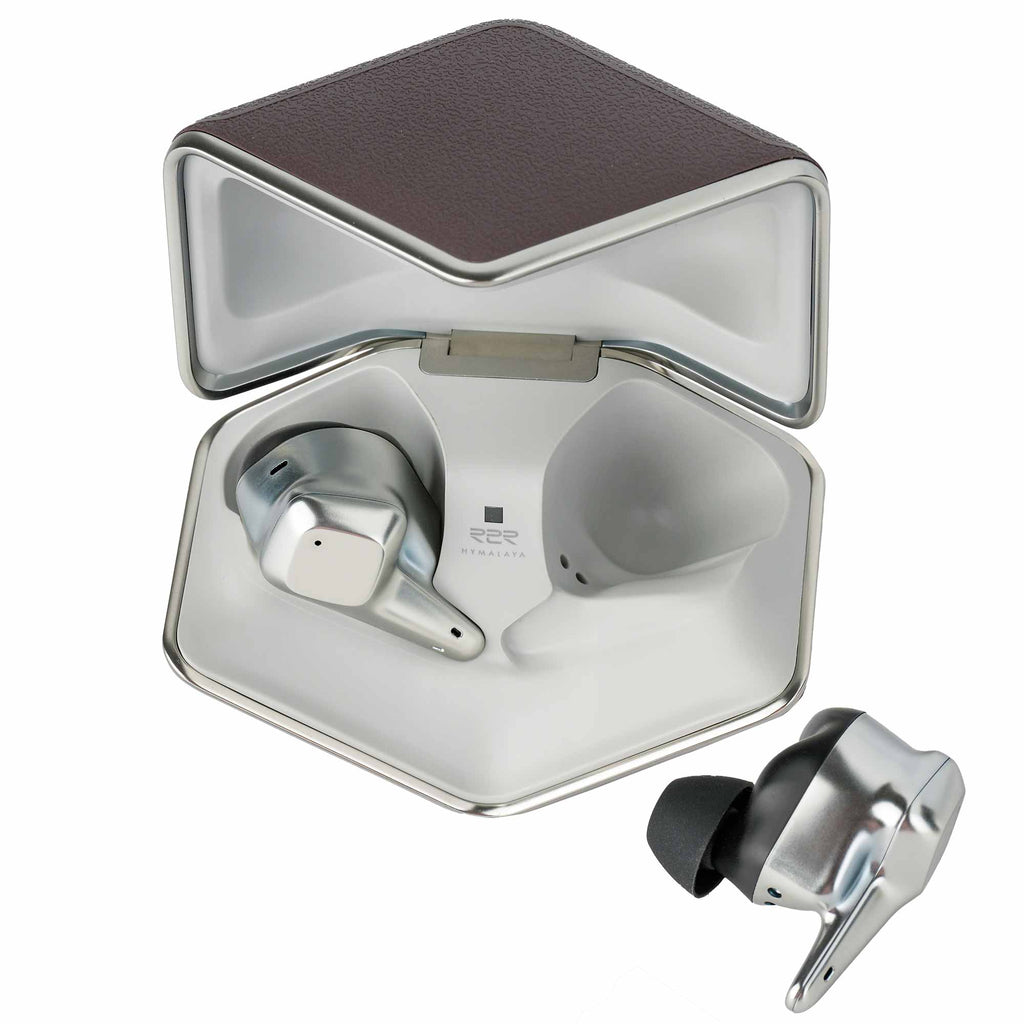 HIFIMAN Svanar Wireless LE In-Ear Monitor earbuds in silver with black tips and open charging case on white background