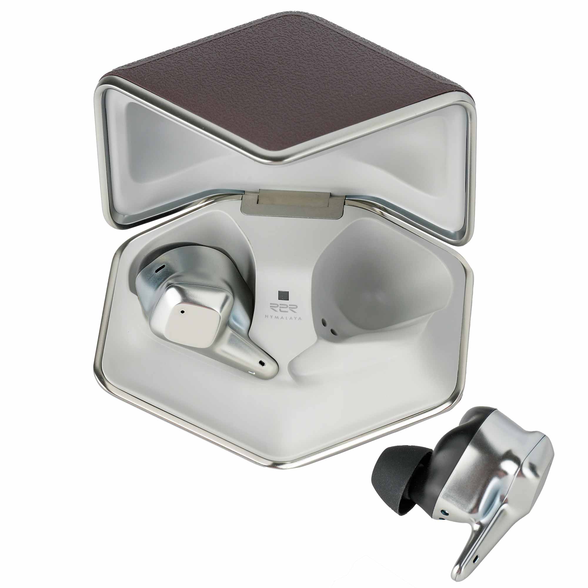 HIFIMAN Svanar Wireless LE In-Ear Monitor earbuds in silver with black tips and open charging case on white background