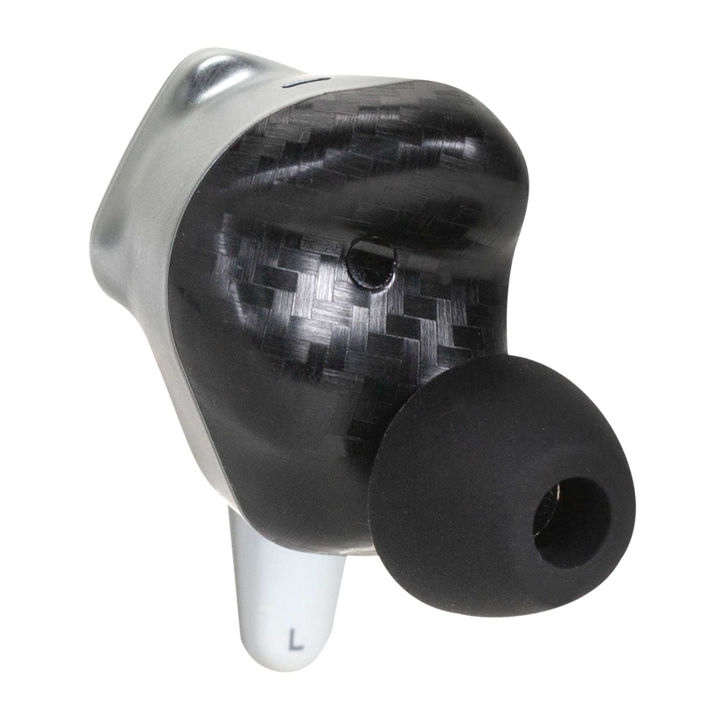 Close-up of left HIFIMAN Svanar True Wireless Stereo (TWS) In-Ear Monitor with carbon fiber and silicone tip on white background