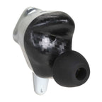 Close-up of left HIFIMAN Svanar True Wireless Stereo (TWS) In-Ear Monitor with carbon fiber and silicone tip on white background