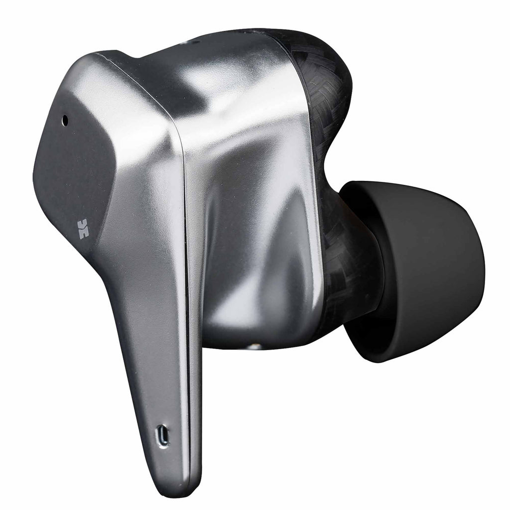 Close-up of the HIFIMAN Svanar True Wireless Stereo (TWS) In-Ear Monitor in metallic black with silicone ear tip on white background