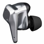 Close-up of the HIFIMAN Svanar True Wireless Stereo (TWS) In-Ear Monitor in metallic black with silicone ear tip on white background