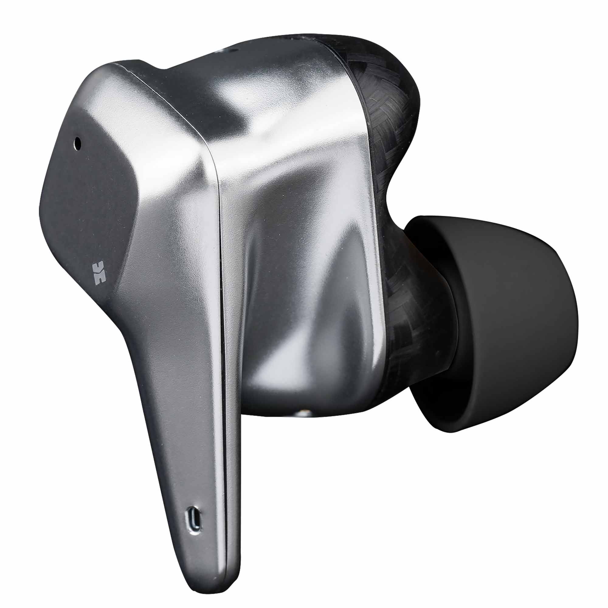 Close-up of the HIFIMAN Svanar True Wireless Stereo (TWS) In-Ear Monitor in metallic black with silicone ear tip on white background