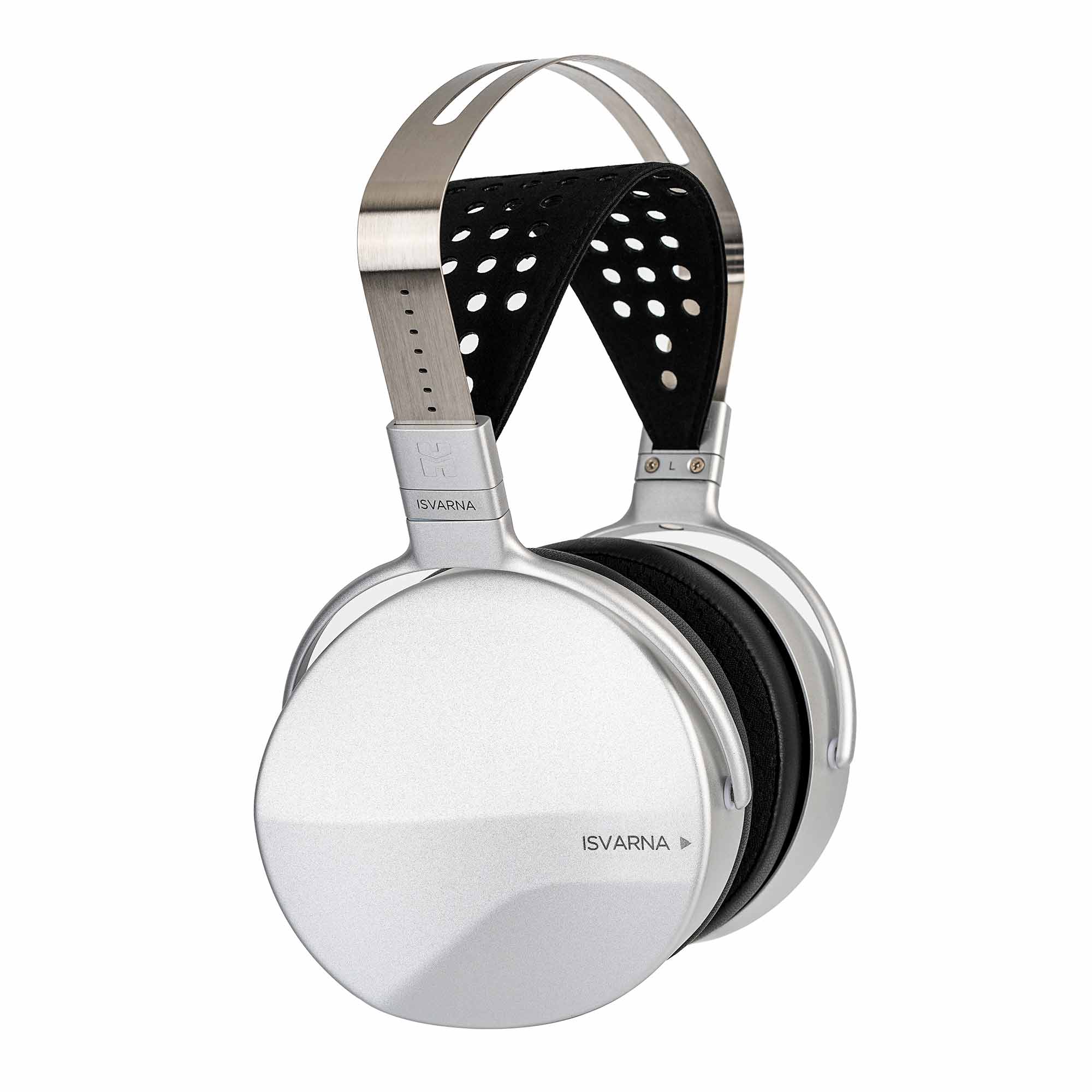 HIFIMAN ISVARNA Closed-Back Headphones with sleek silver ear cups and perforated black headband on white background