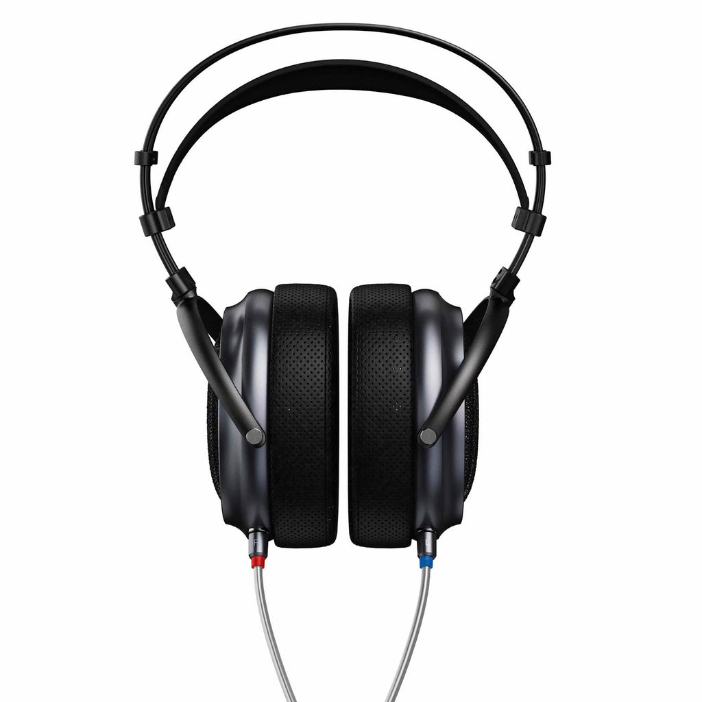 Front view of iBasso SR3 Open-Back Dynamic Headphones with black ear pads and dual cables connected on white background