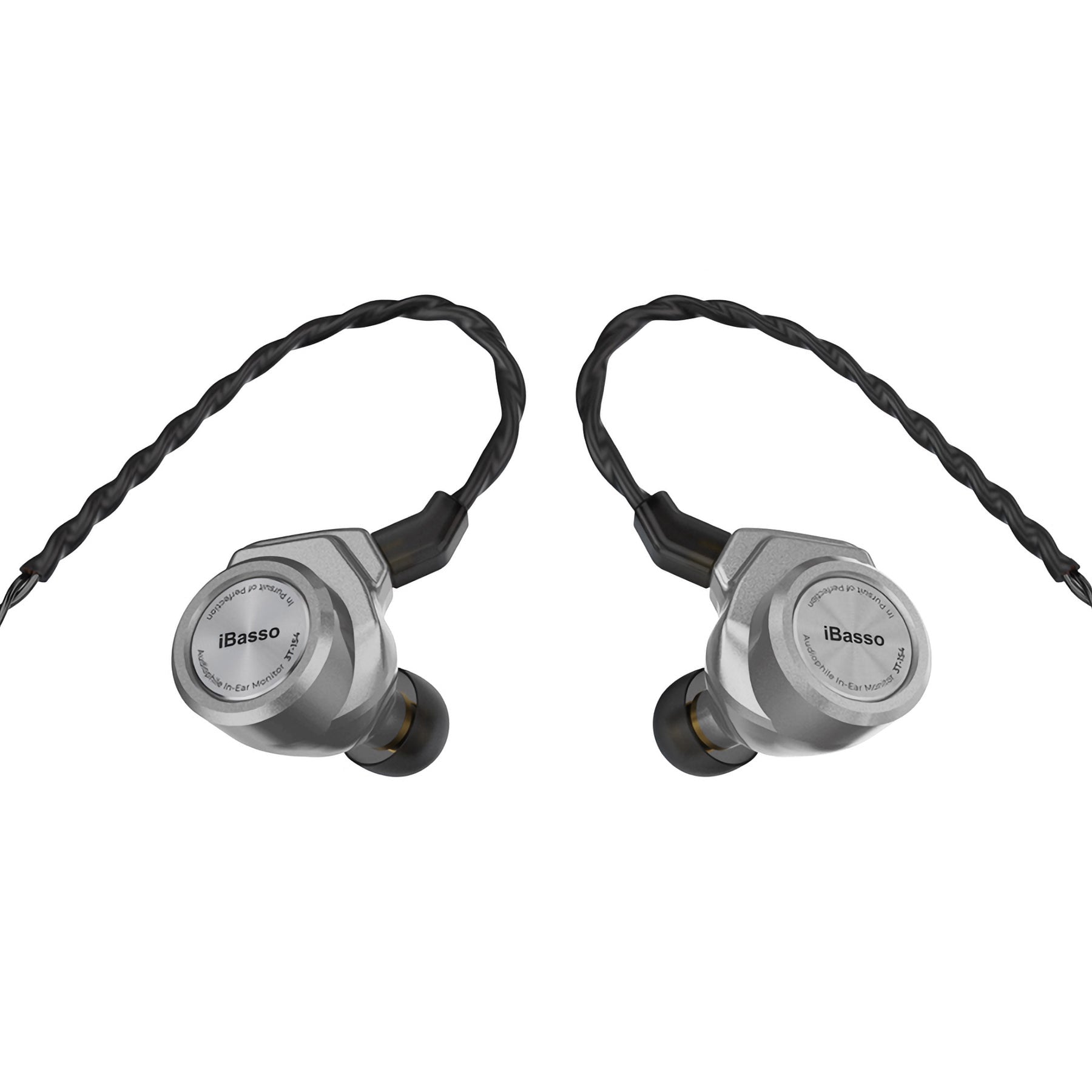 iBasso 3T-154 Audiophile In-Ear Monitor with clear housings and braided cables on white background