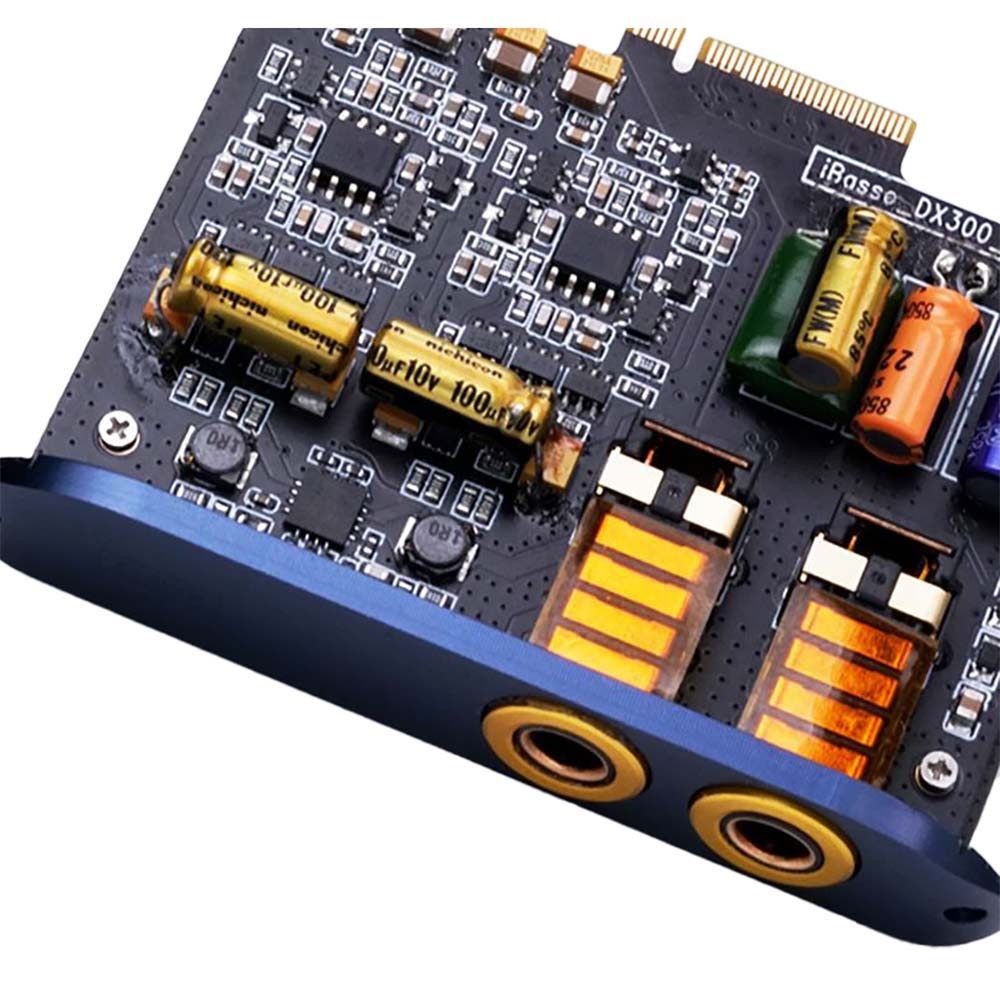 Close-up of iBasso AMP12 Balanced Amplifier Card for DX300, DX320 showing capacitors and dual 4.4mm balanced outputs