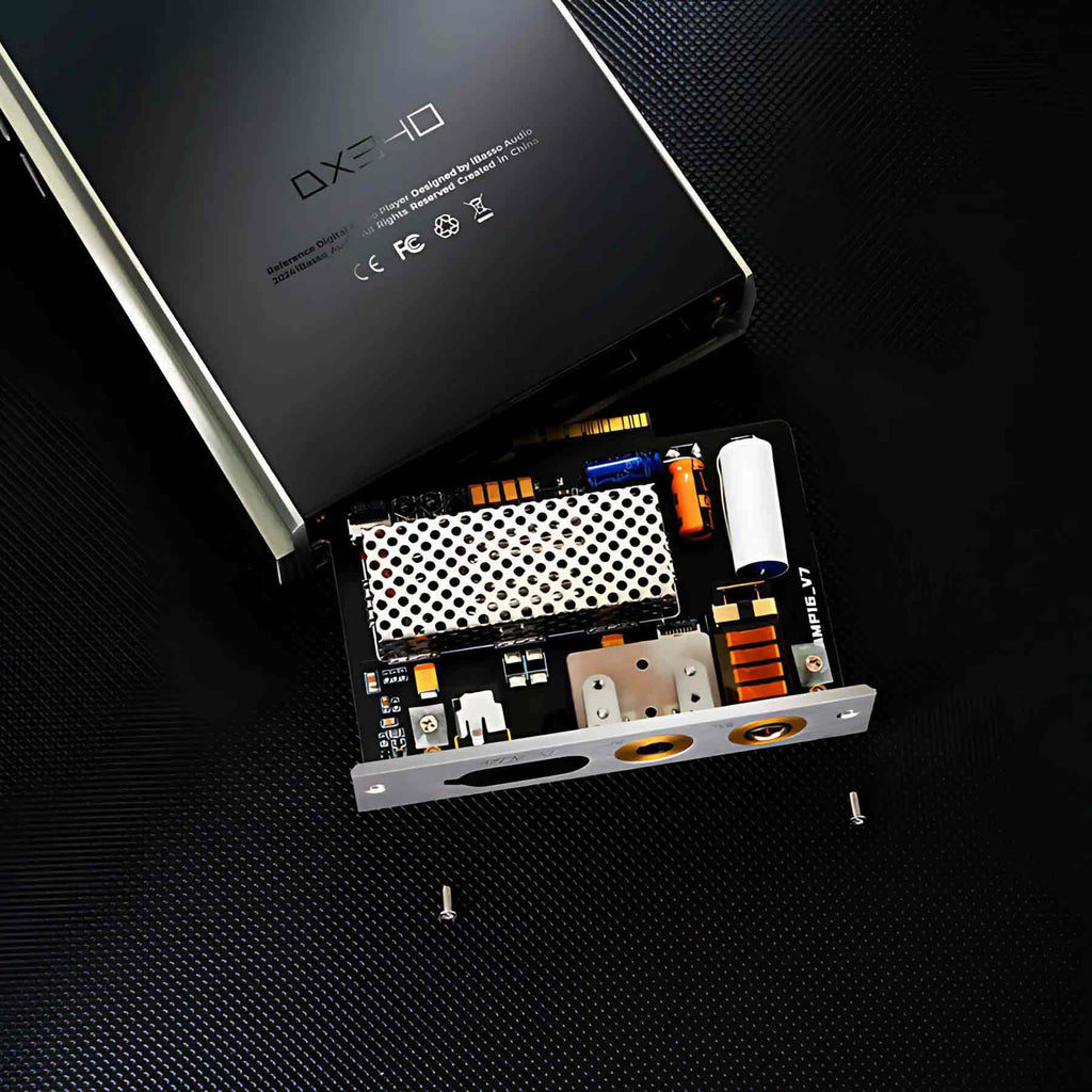 iBasso AMP16 Module for DX340 showing internal amplifier circuit board with components on a black surface