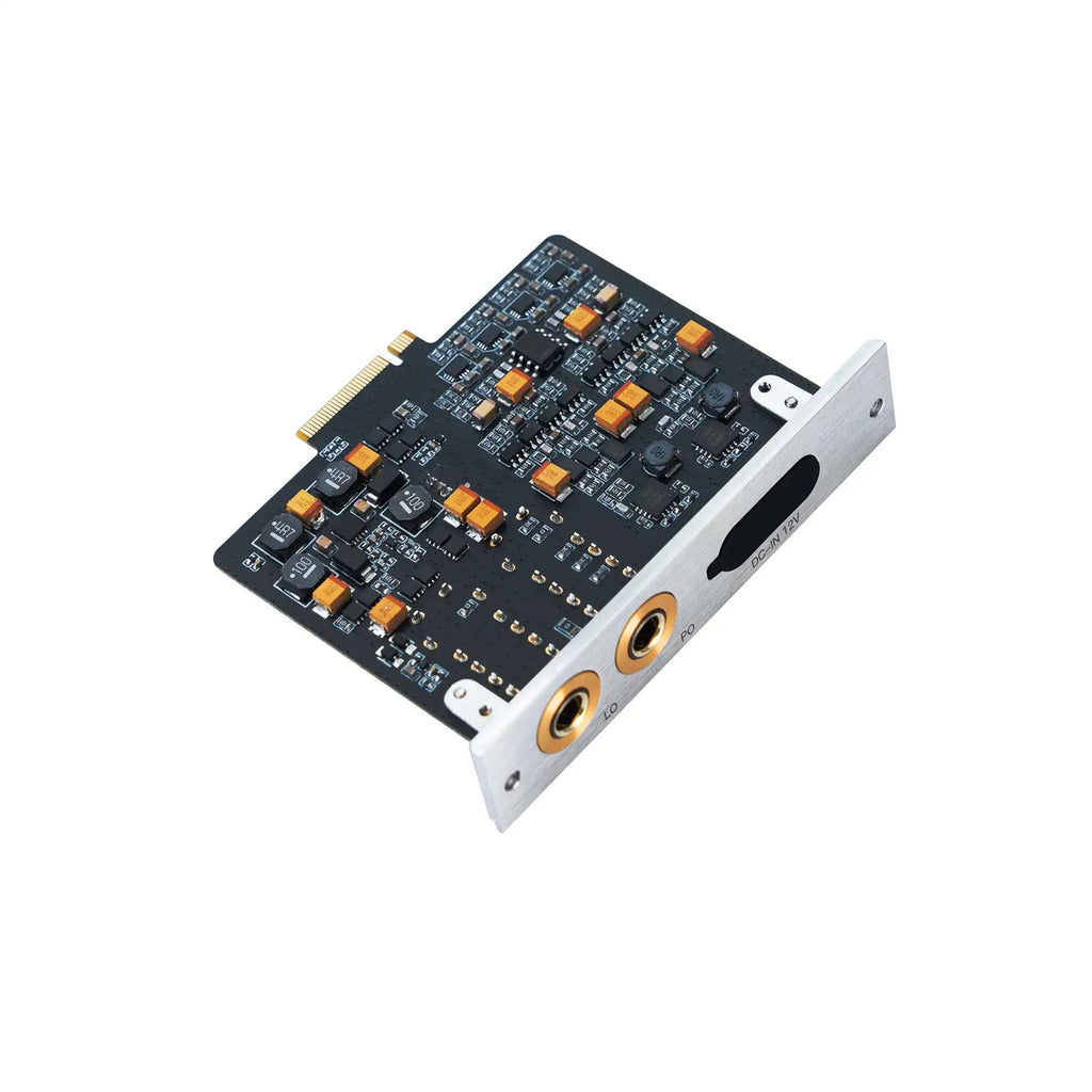 iBasso AMP17 Module for DX340 with Class AB amplifier circuitry and dual 4.4mm TRRRS headphone and line outputs on white background