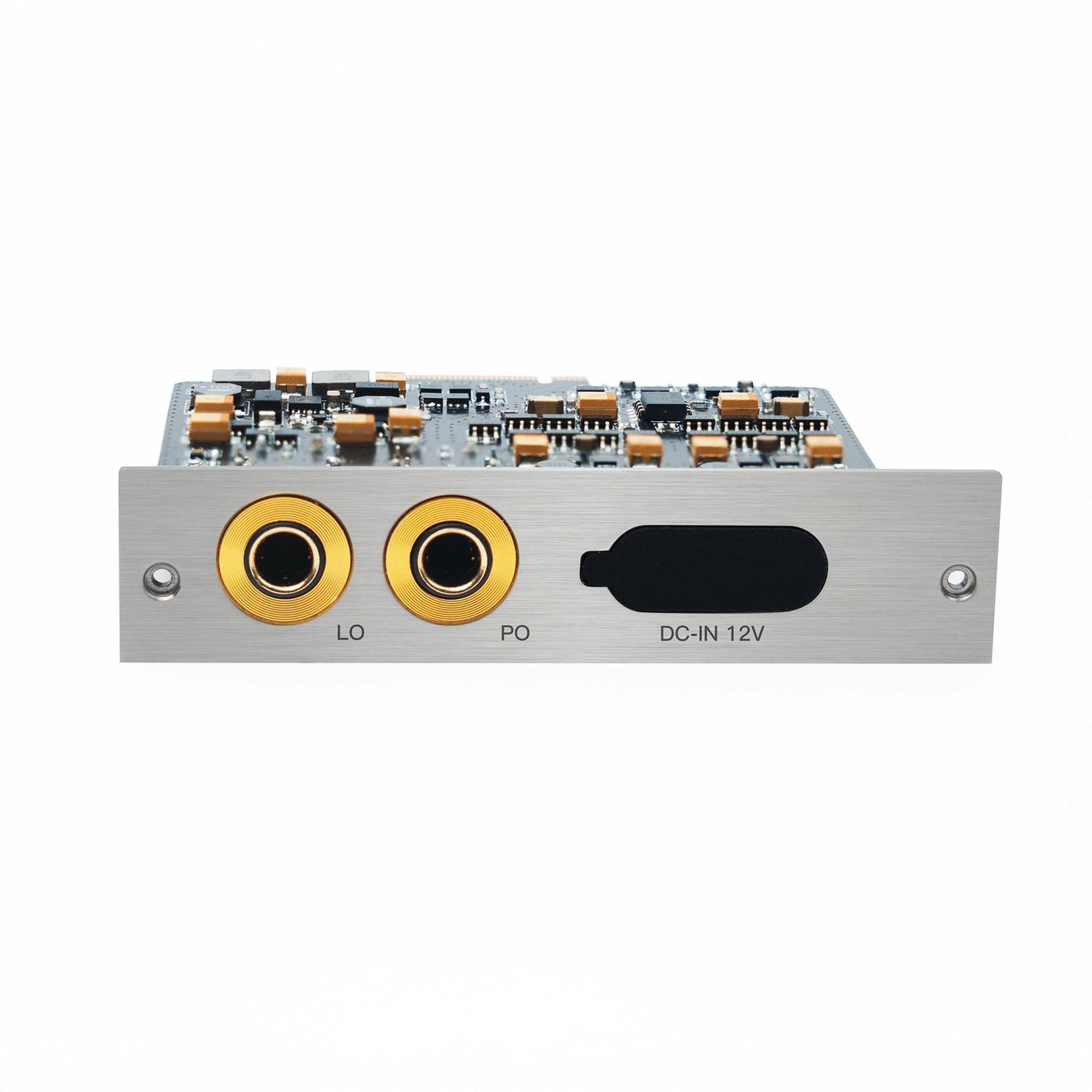 iBasso AMP18 Balanced Amp Card Module for DX340 showing gold audio jacks and circuit components on white background
