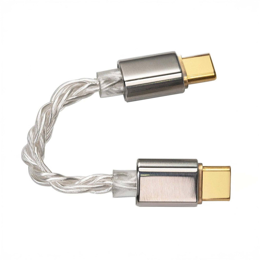 The iBasso CB18 USB-C to USB-C OTG Cable by iBasso, featuring a short braided silver design with gold-tipped connectors and metallic housings, is shown on a white background.