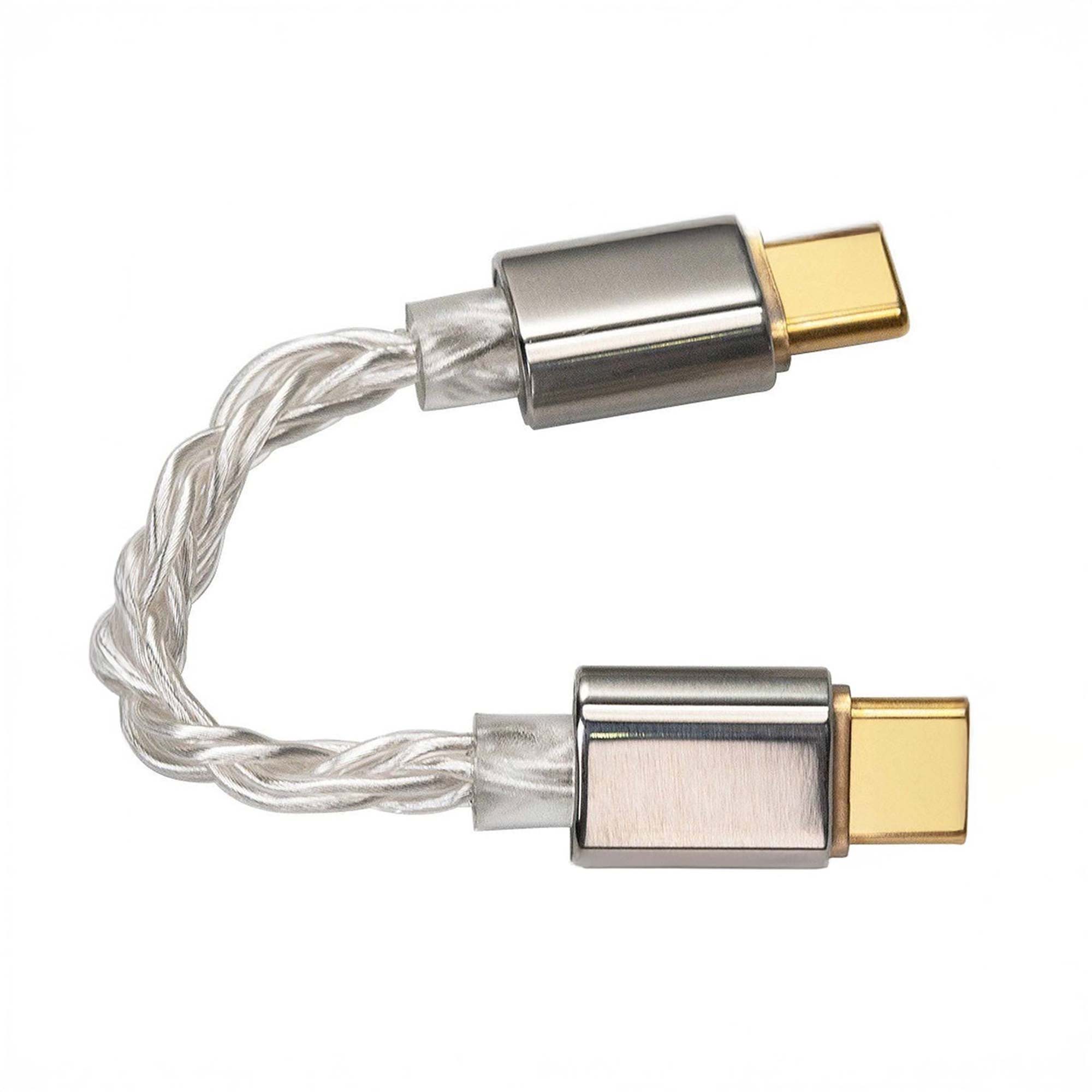 The iBasso CB18 USB-C to USB-C OTG Cable by iBasso, featuring a short braided silver design with gold-tipped connectors and metallic housings, is shown on a white background.