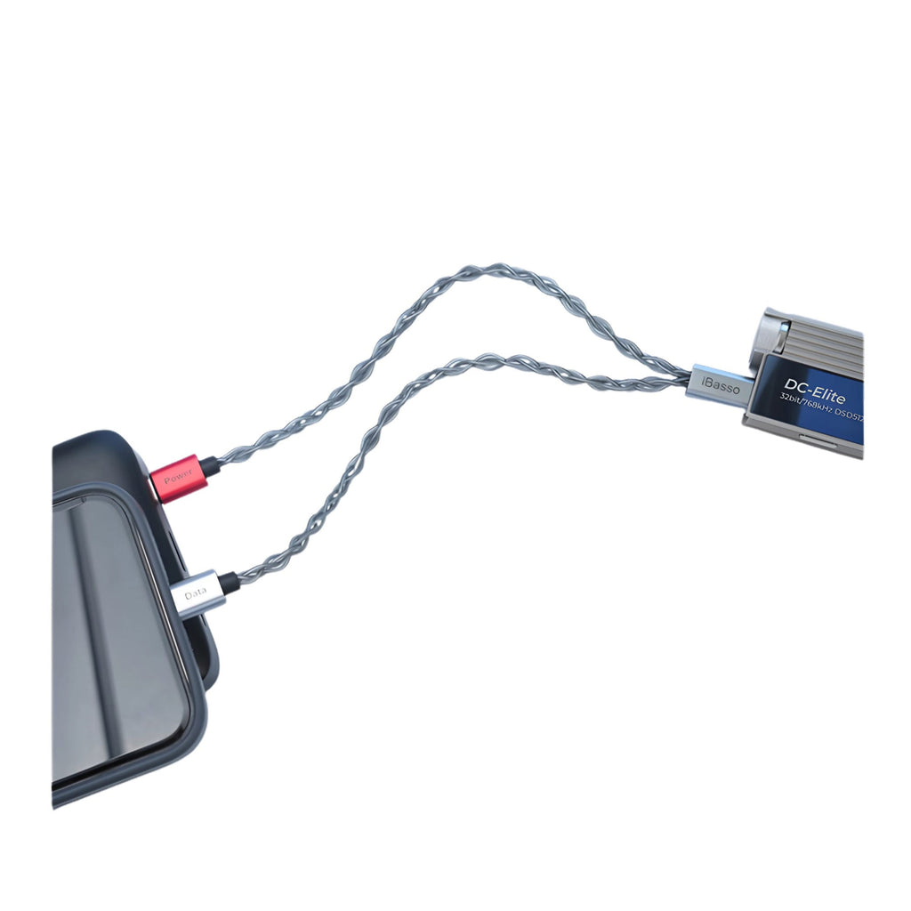 Two braided silver iBasso CB19C Triple USB-C Cables connect a black device to a metallic DC-Elite power supply. The Sense and Drive cables, from iBasso, support USB-C connections. The setup is displayed against a white background.