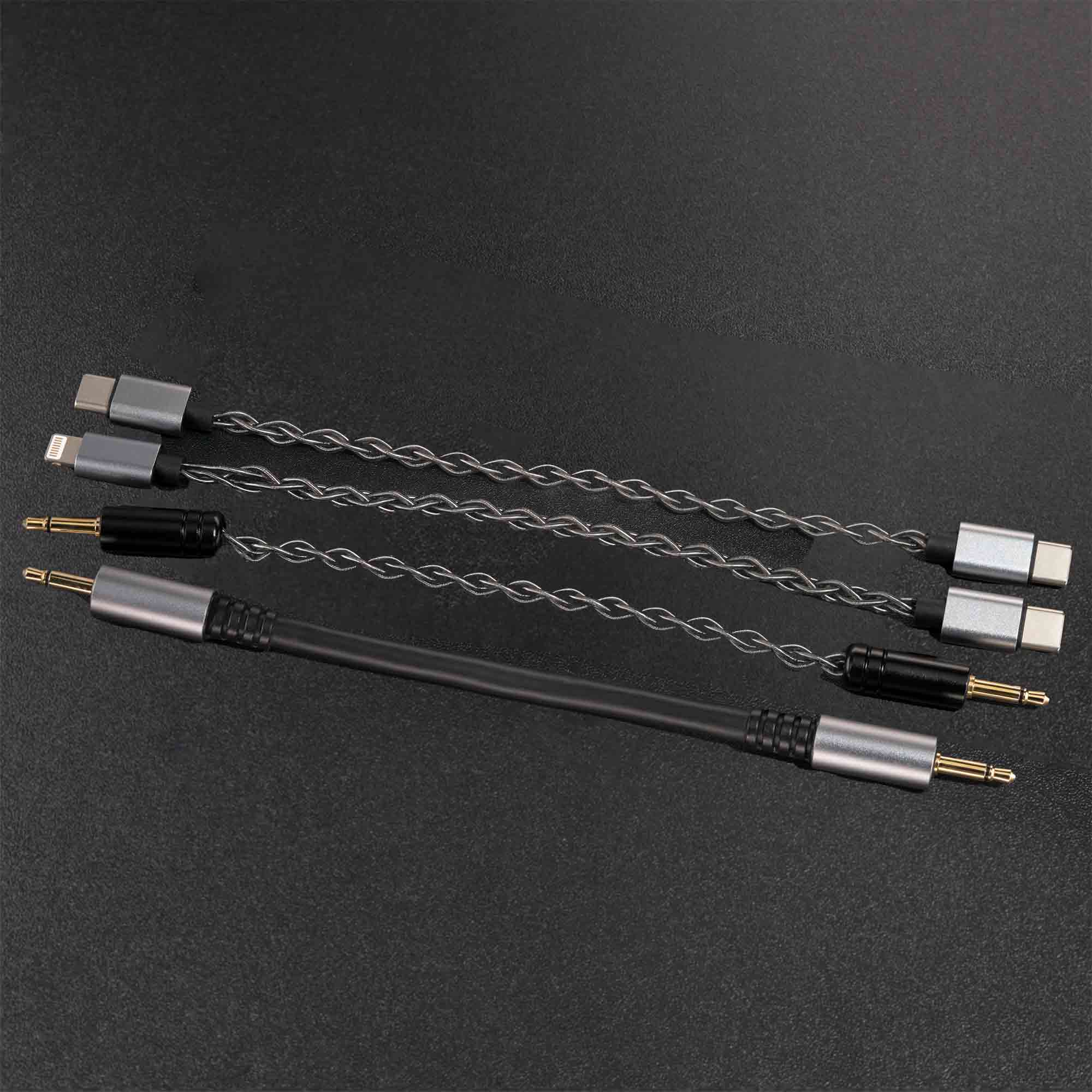 iBasso D16 Taipan Portable DAC/Amp compatible audio cables with USB-C, Lightning, and 3.5mm connectors on black surface